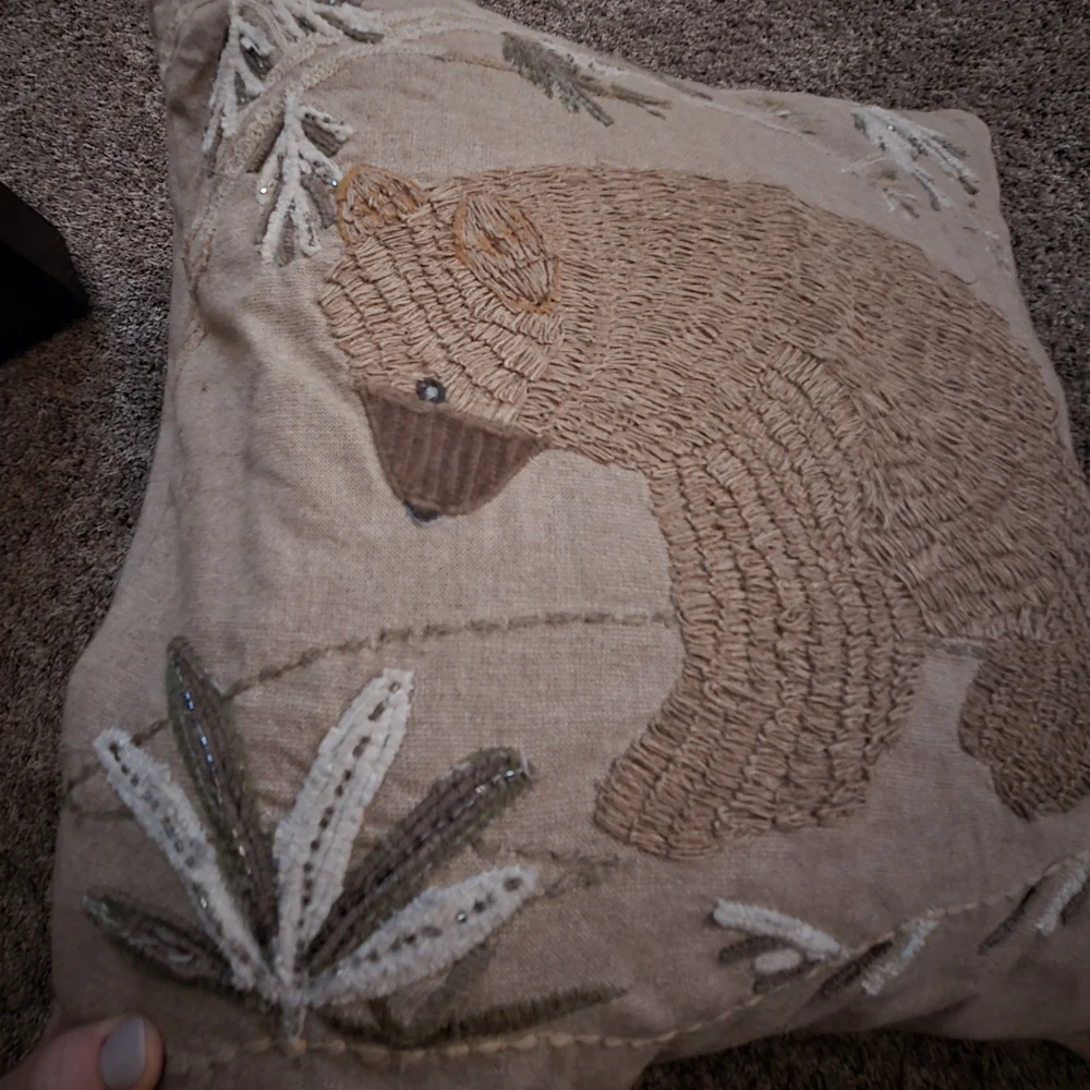 Pottery Barn Tan and Brown Bear Embroidered Pillow Cover - Picture 3 of 8